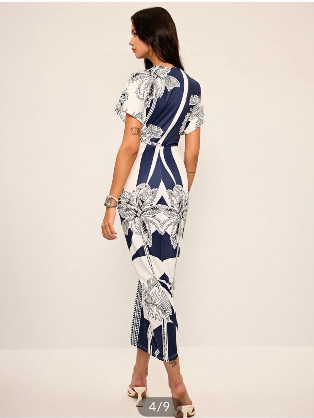 COMMENSE Printed Deep V-Neck Navy & White Midi Dress - Picture 3 of 7